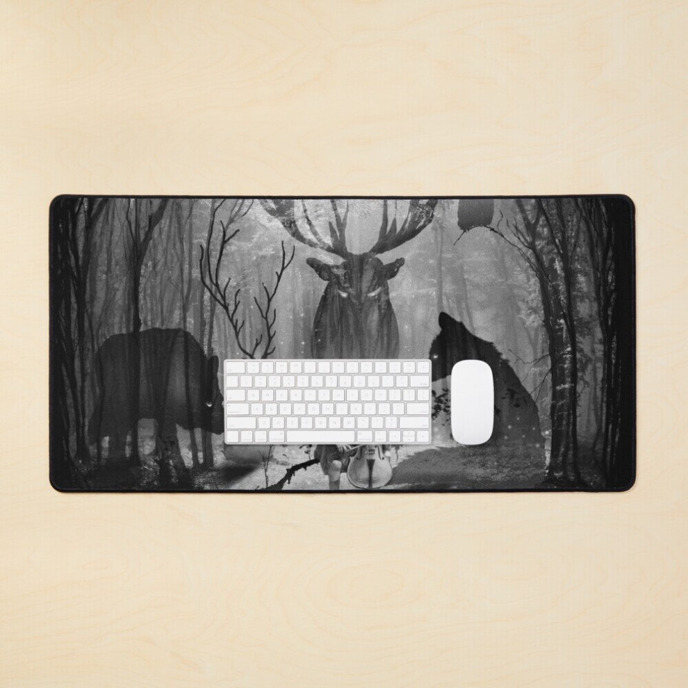 Desk Mat Fox Wolf Deer And Forest Cello Music Large Gaming Mouse Pad 35X16 Inch 7802738408805