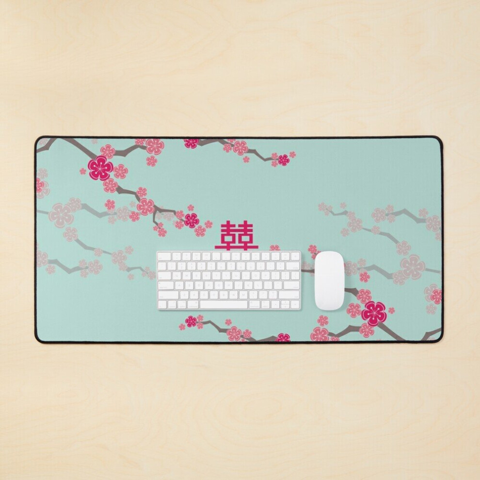 Desk Mat Oriental Cherry Blossoms On Blue And Chinese Wedding Double Happiness Sakura Large Gaming Mouse Pad 35X16 Inch Fuchsia/Pink/Turquoise 7802738345780