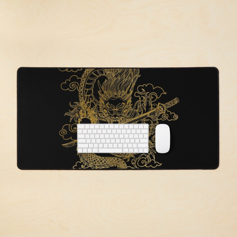 Desk Mat Chinese Dragon With Background Large Gaming Mouse Pad 35X16 Inch Gold/Black 7802738330601