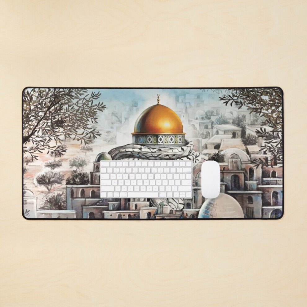 Desk Mat Jerusalem Capital Of Palestine Dome Of The Rock Old City Al Quds Al Aqsa Drawing Palestinian Resistance Large Gaming Mouse Pad 35X16 Inch 7802738349658