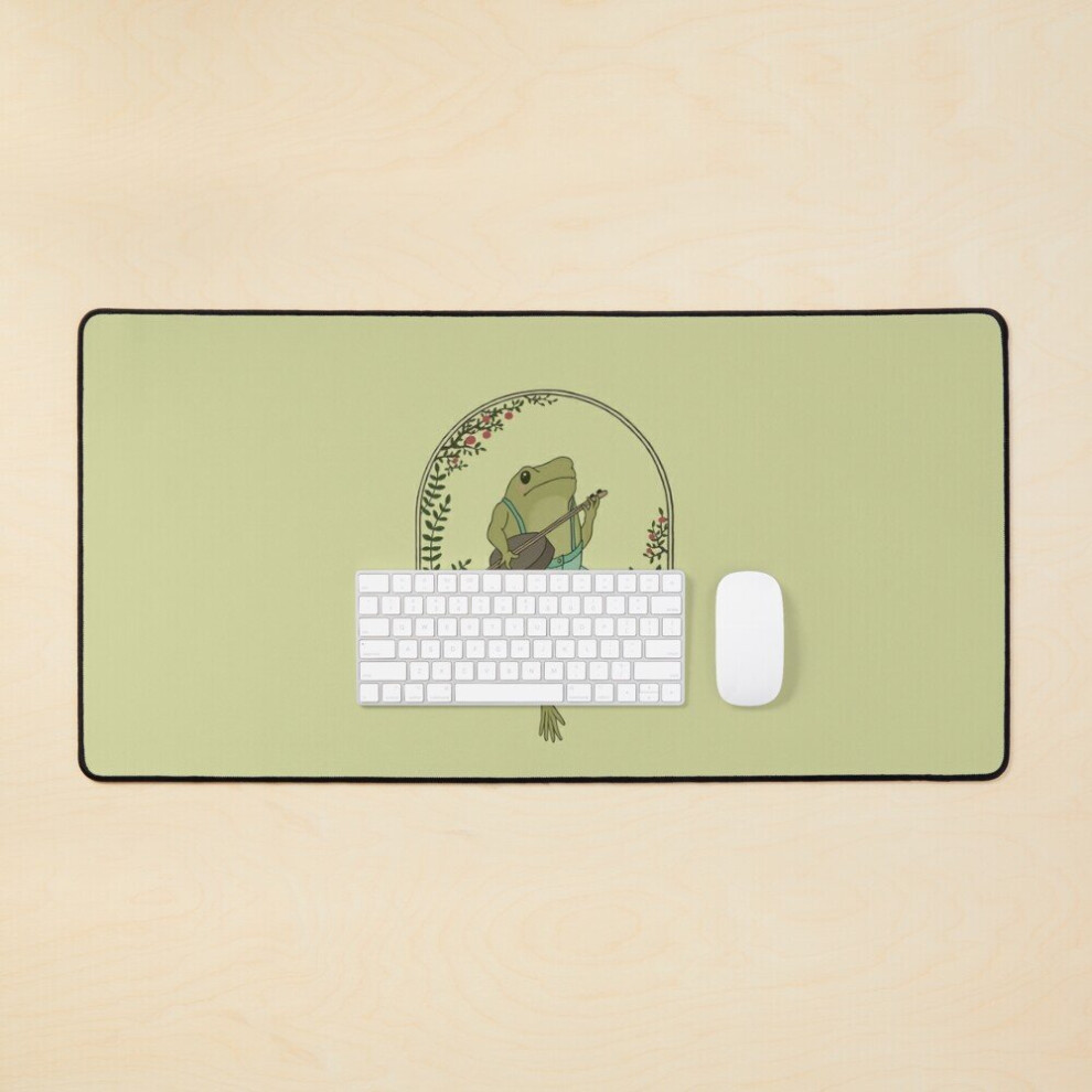 Desk Mat Cottagecore Aesthetic Frog Playing Banjo On Mushroom Cute Vintage - Goblincore Farmer Toad In Garden Large Gaming Mouse Pad 35X16 Inch 7802738333220