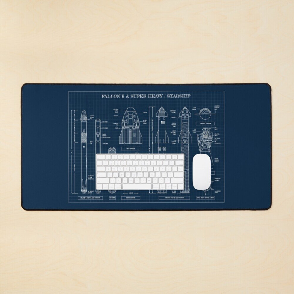 Desk Mat Spacex: Falcon 9 Super Heavy / Starship (Navy Blueprint) Large Gaming Mouse Pad 35X16 Inch 7802738394047