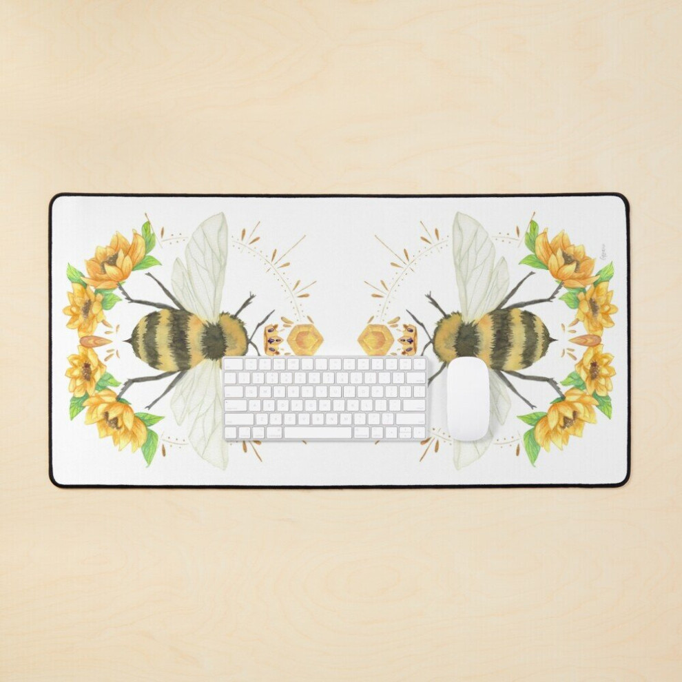 Desk Mat Daytime Bumble Bee With Sunflowers On Large Gaming Mouse Pad 35X16 Inch Ivory 7802738394191