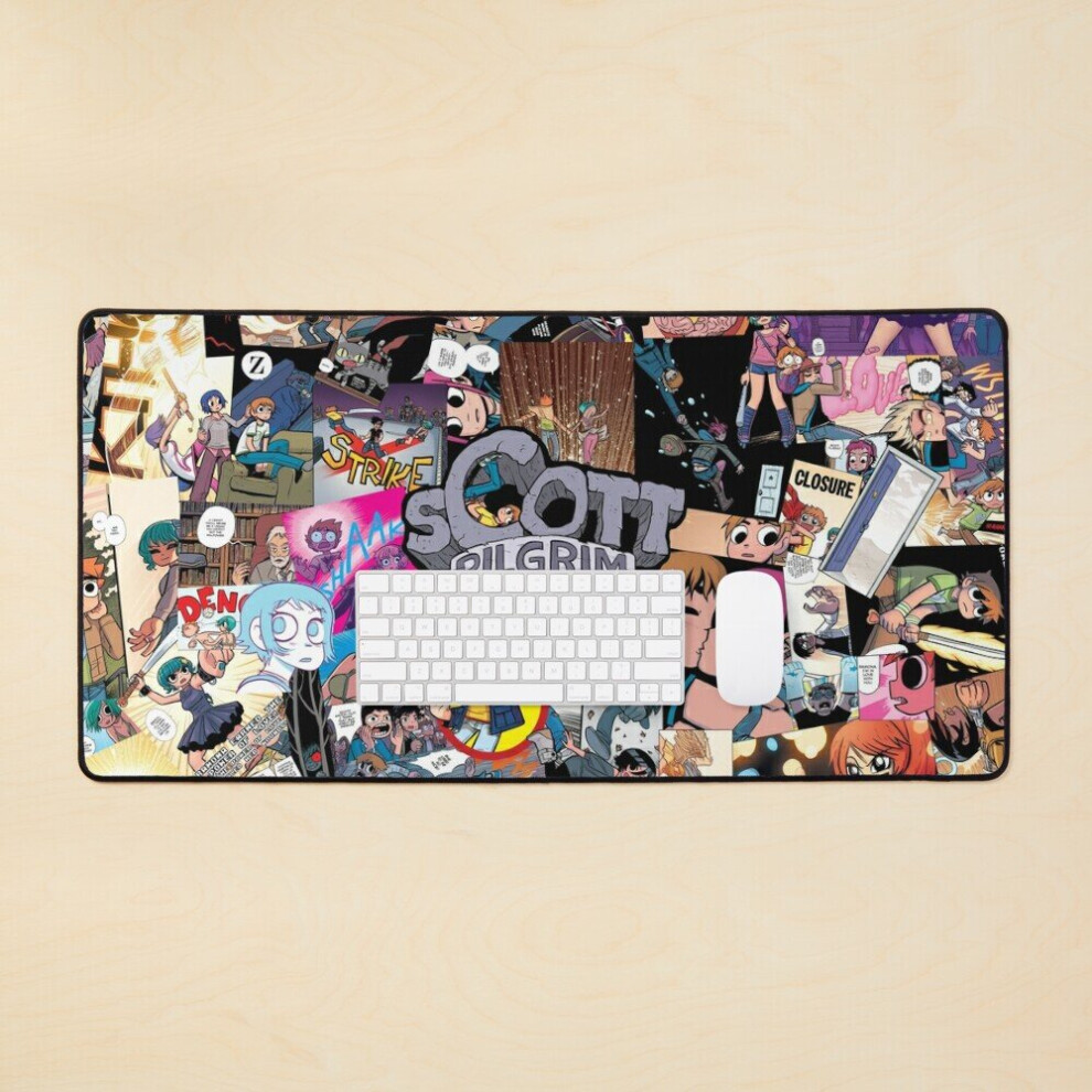 Desk Mat Scott Pilgrim,Collage, Comic, Ramona Flowers,Envy,Knives Chau,Gideon,Evil Exboyfriends,Kim,Full Cast Large Gaming Mouse Pad 35X16 Inch 7802738323276