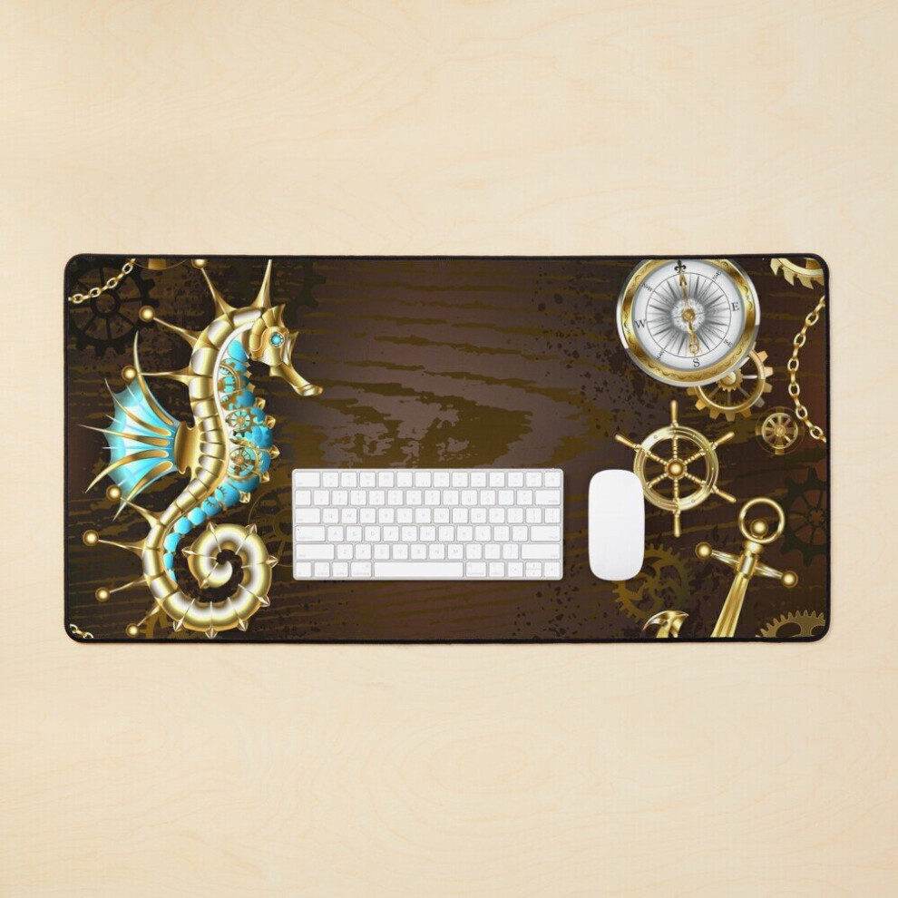 Desk Mat Wooden Background With Mechanical Seahorse ( Steampunk ) Large Gaming Mouse Pad 35X16 Inch 7802738399158