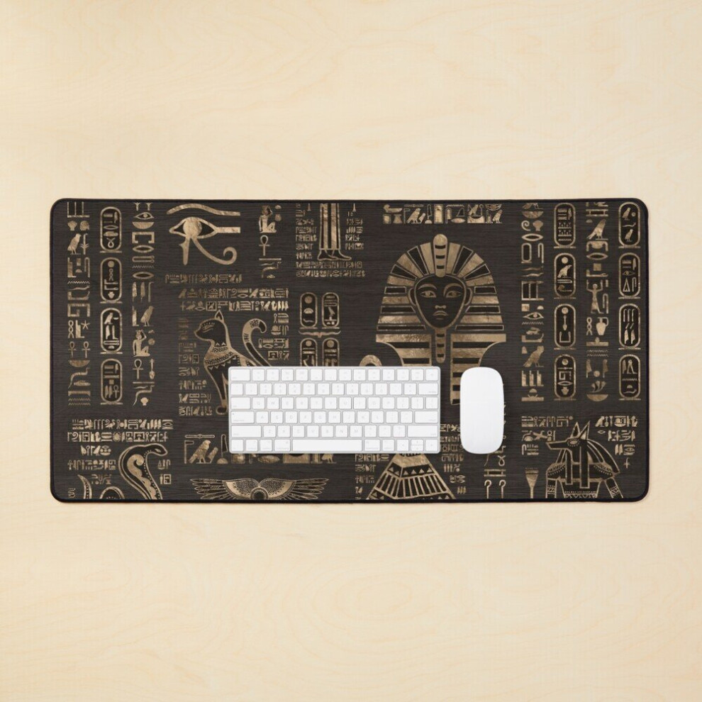Desk Mat Egyptian Hieroglyphs And Deities - On Wood Large Gaming Mouse Pad 35X16 Inch Gold 7802738333343