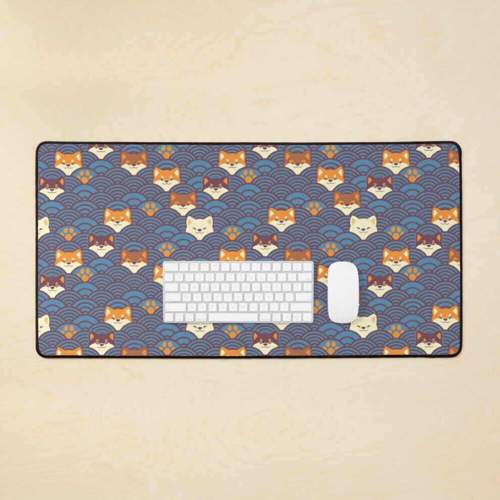 Desk Mat Japanese Waves And Shibas - Modern And Large Gaming Mouse Pad 35X16 Inch Blue/Purple 7802738315707