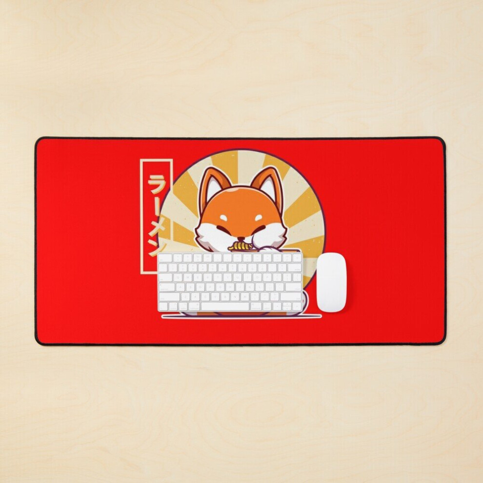 Desk Mat Fox Eating Ramen - Cute Kawaii Fox Eating Ramen - Eating Noodles Large Gaming Mouse Pad 35X16 Inch 7802738352023