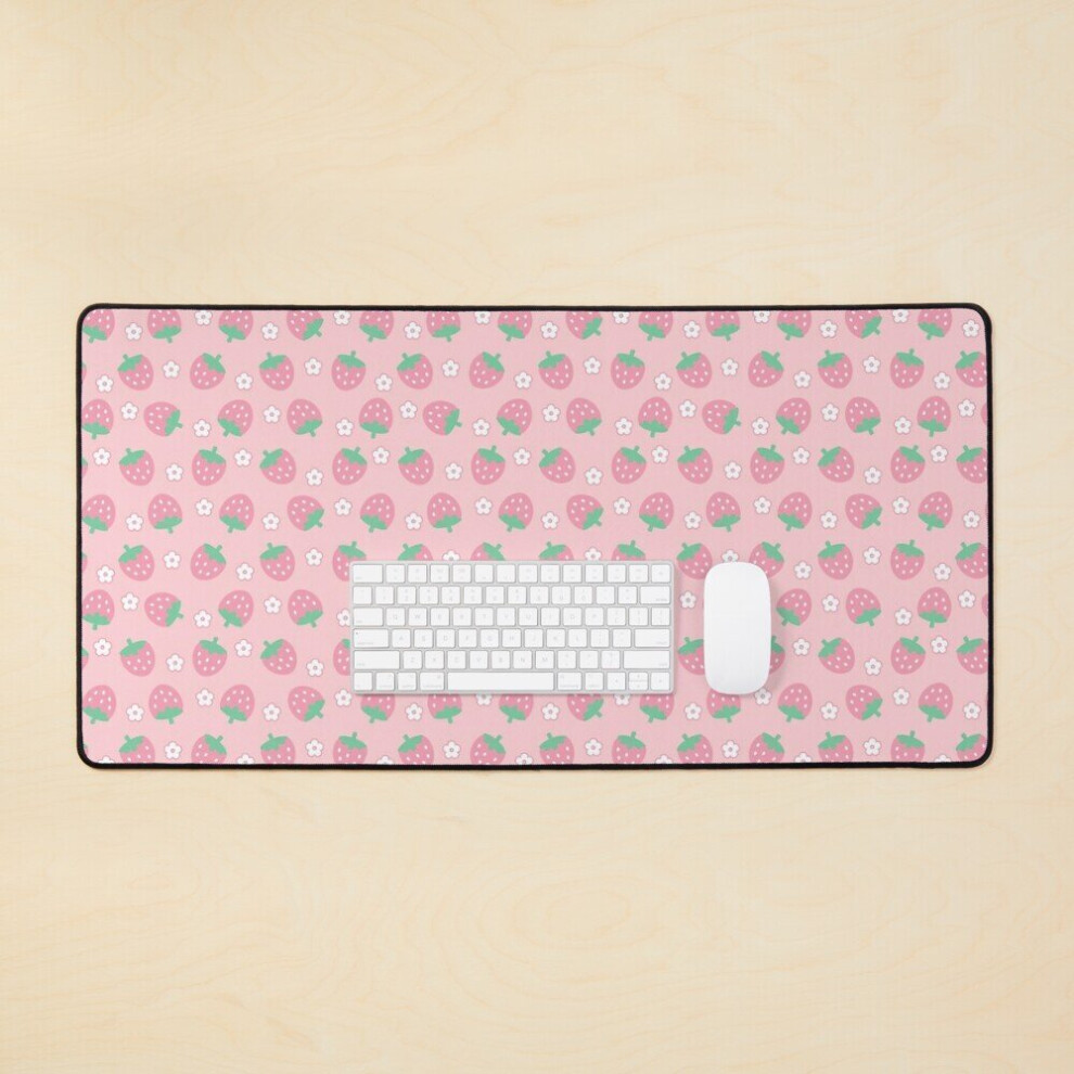 Desk Mat Strawberries Flowers Sakura Kawaii Cute Pastel Aesthetic Large Gaming Mouse Pad 35X16 Inch Pink/White 7802738404067