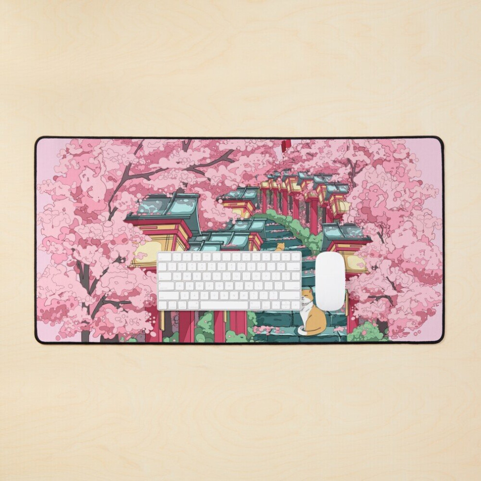 Desk Mat The Japanese Shrine, Cats And Sakura Blossom Large Gaming Mouse Pad 35X16 Inch Pink 7802738318449