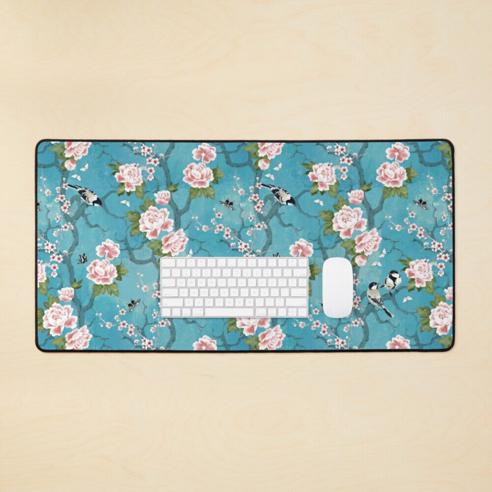 Desk Mat Chinoiserie birds in turquoise blue Large Gaming Mouse Pad 35x16 inch