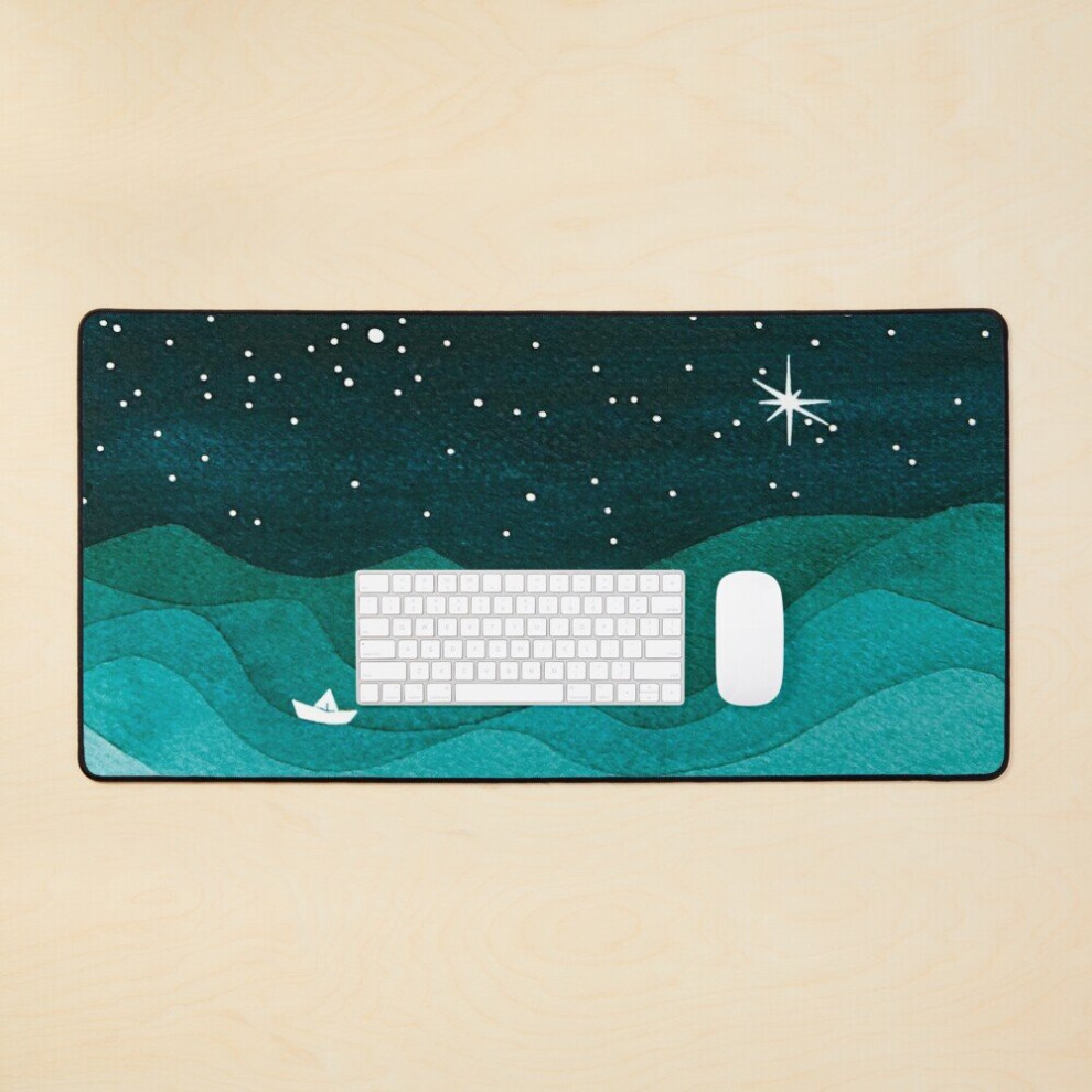 Desk Mat Starry Ocean, Teal Sailboat Watercolor Sea Waves Night Large Gaming Mouse Pad 35X16 Inch 7802738379280