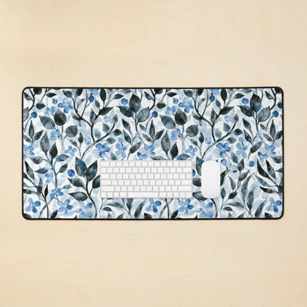 Desk Mat Leaves And Blooms In Charcoal And Blueberry Large Gaming Mouse Pad 35X16 Inch 7802738358315