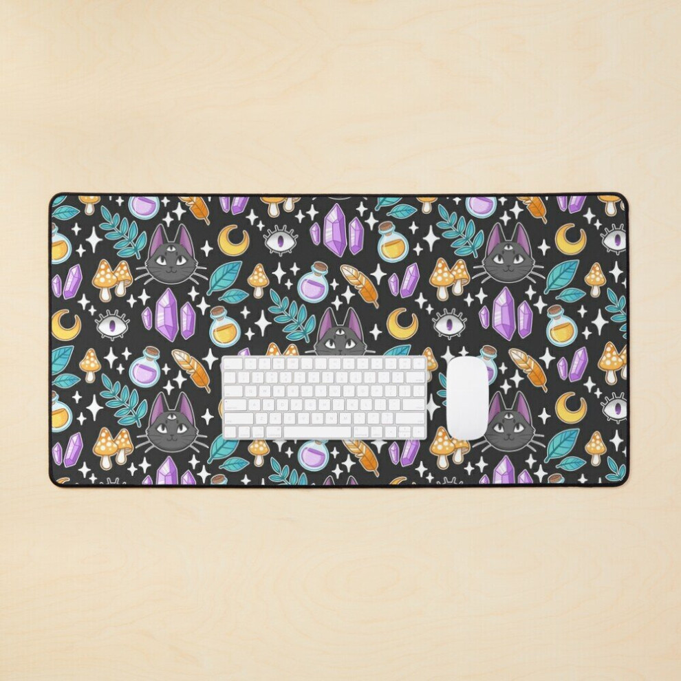 Desk Mat Witchy Cat Pattern Large Gaming Mouse Pad 35X16 Inch Black 7802738407129