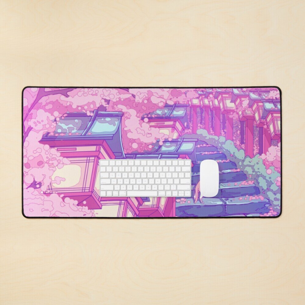 Desk Mat The Japanese Shrine, Cats And Sakura Blossom (Soft Colors) Large Gaming Mouse Pad 35X16 Inch Pink 7802738318548