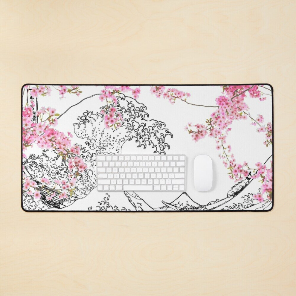 Desk Mat Great Wave Outline And - Japanese Blossom Large Gaming Mouse Pad 35X16 Inch Black/White 7802738318685