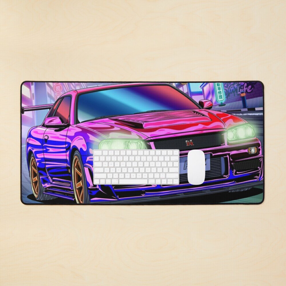 Desk Mat Nissan Skyline Gt-R R34 Vaporwave Large Gaming Mouse Pad 35X16 Inch 7802738316124