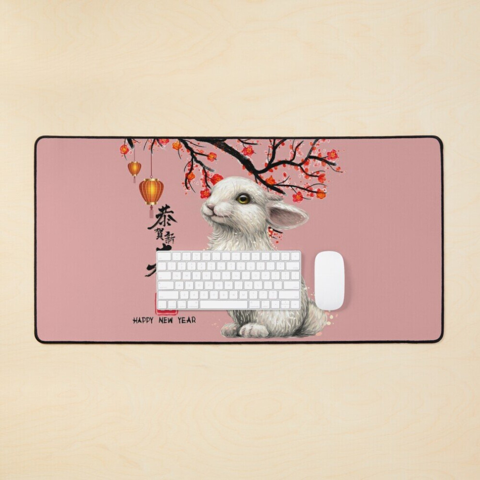 Desk Mat Happy New Year Of The Rabbit Chinese Zodiac Rabbit 2023 Large Gaming Mouse Pad 35X16 Inch 7802738346947