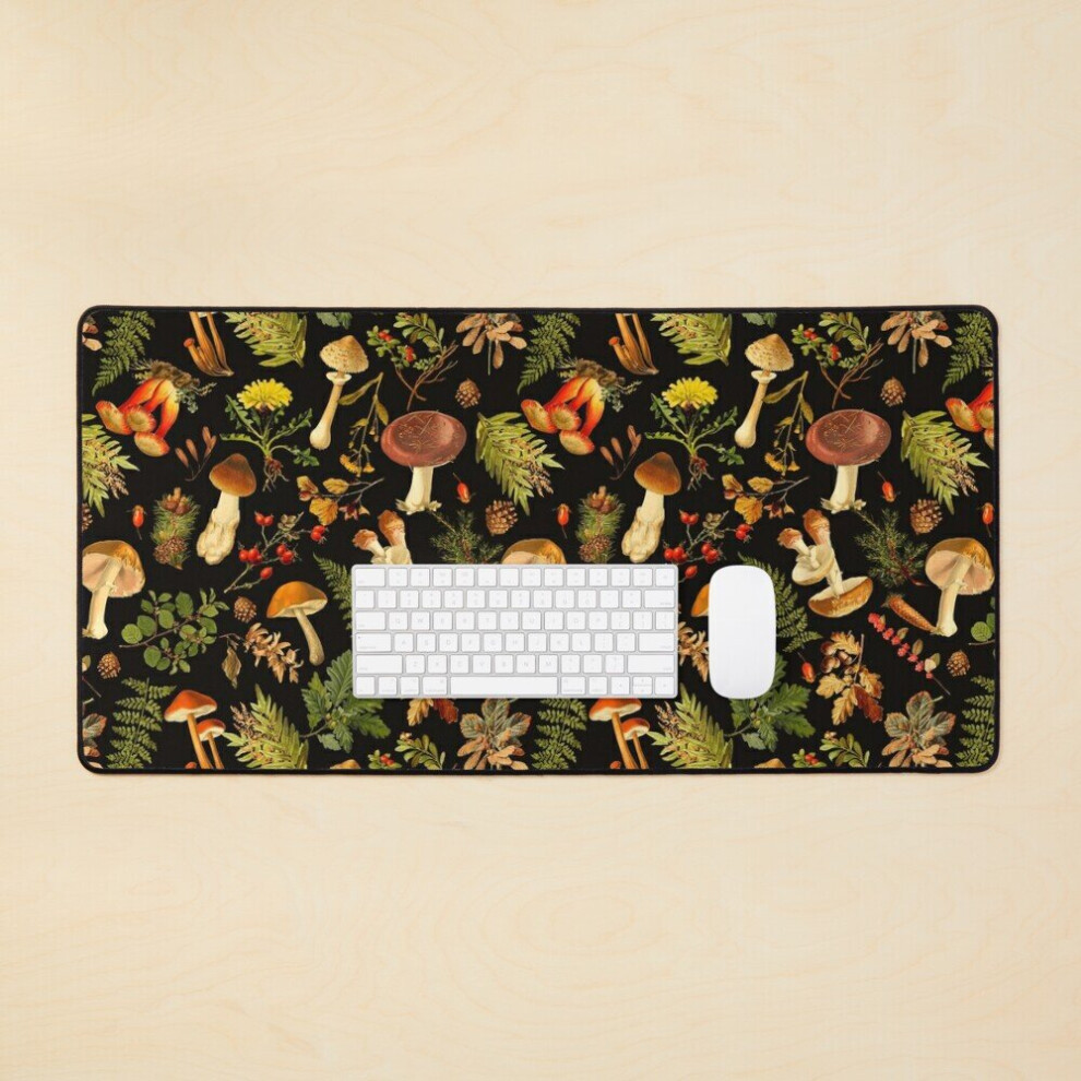 Desk Mat Vintage Toxic Mushrooms Forest Pattern On Large Gaming Mouse Pad 35X16 Inch Black 7802738357707