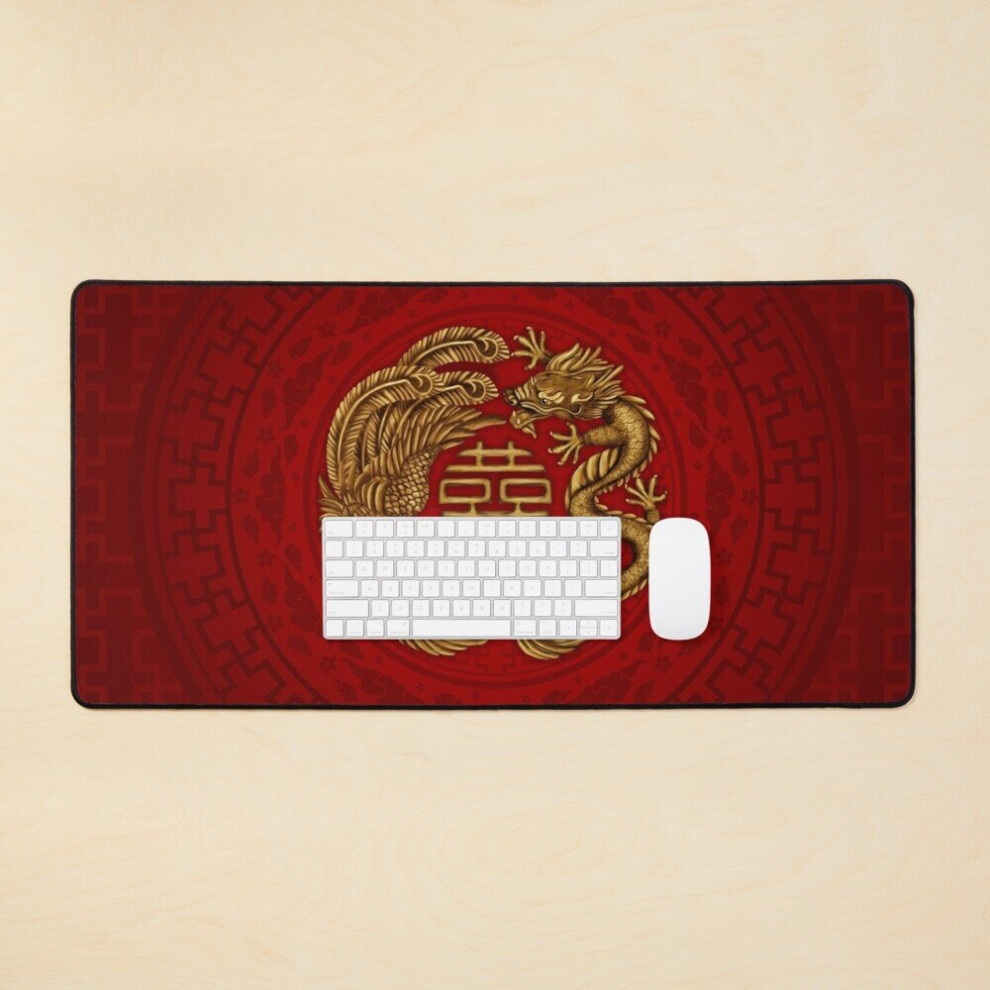 Desk Mat Double Happiness Symbol With Phoenix And Dragon Large Gaming Mouse Pad 35X16 Inch Gold 7802738409574