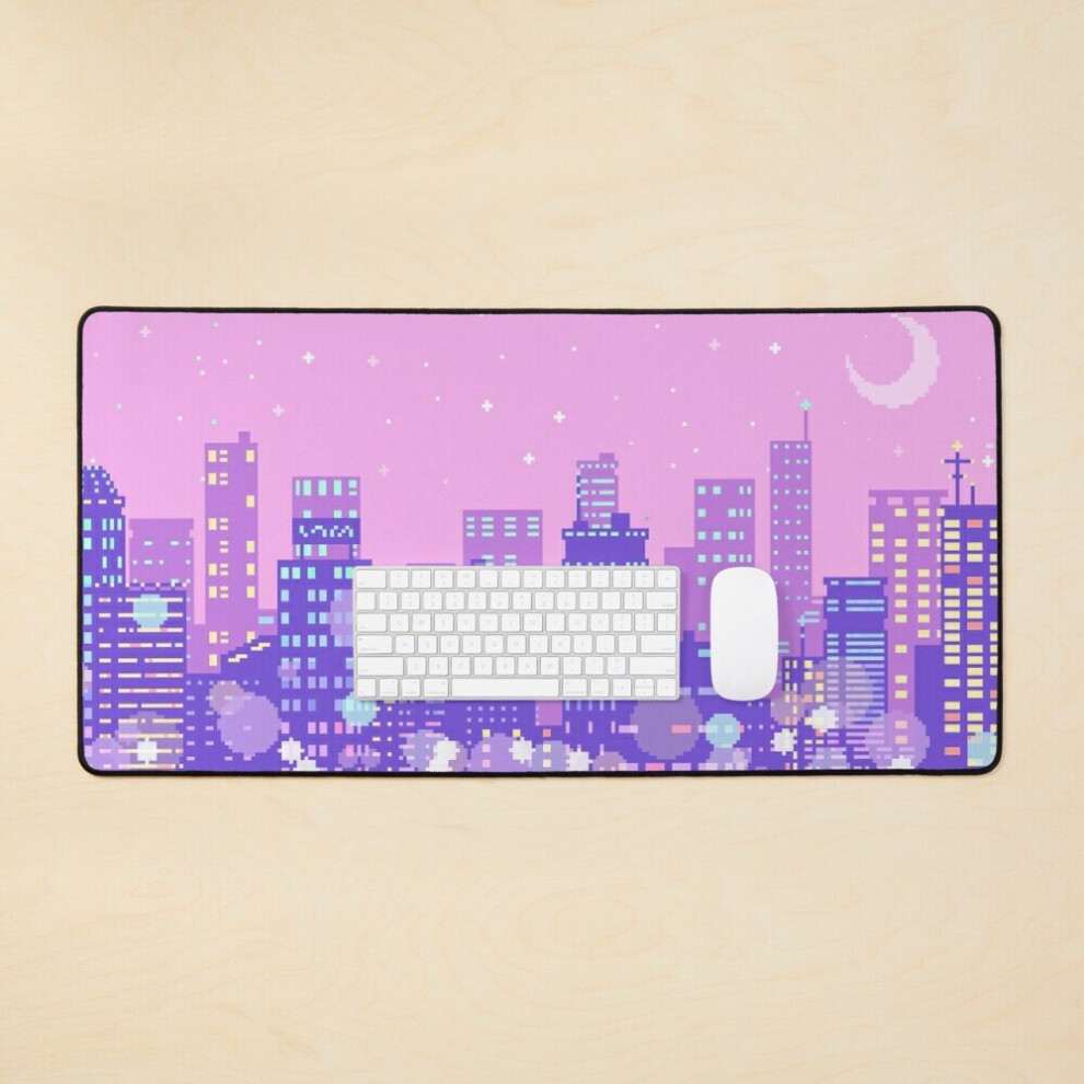 Desk Mat Retro Vaporwave Skyline, Tokyo City Large Gaming Mouse Pad 35X16 Inch Purple/Lilac/Pink 7802738323696