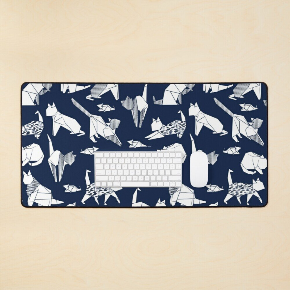 Desk Mat Origami Kitten Friends Navy Paper Cats Large Gaming Mouse Pad 35X16 Inch Blue 7802738403275