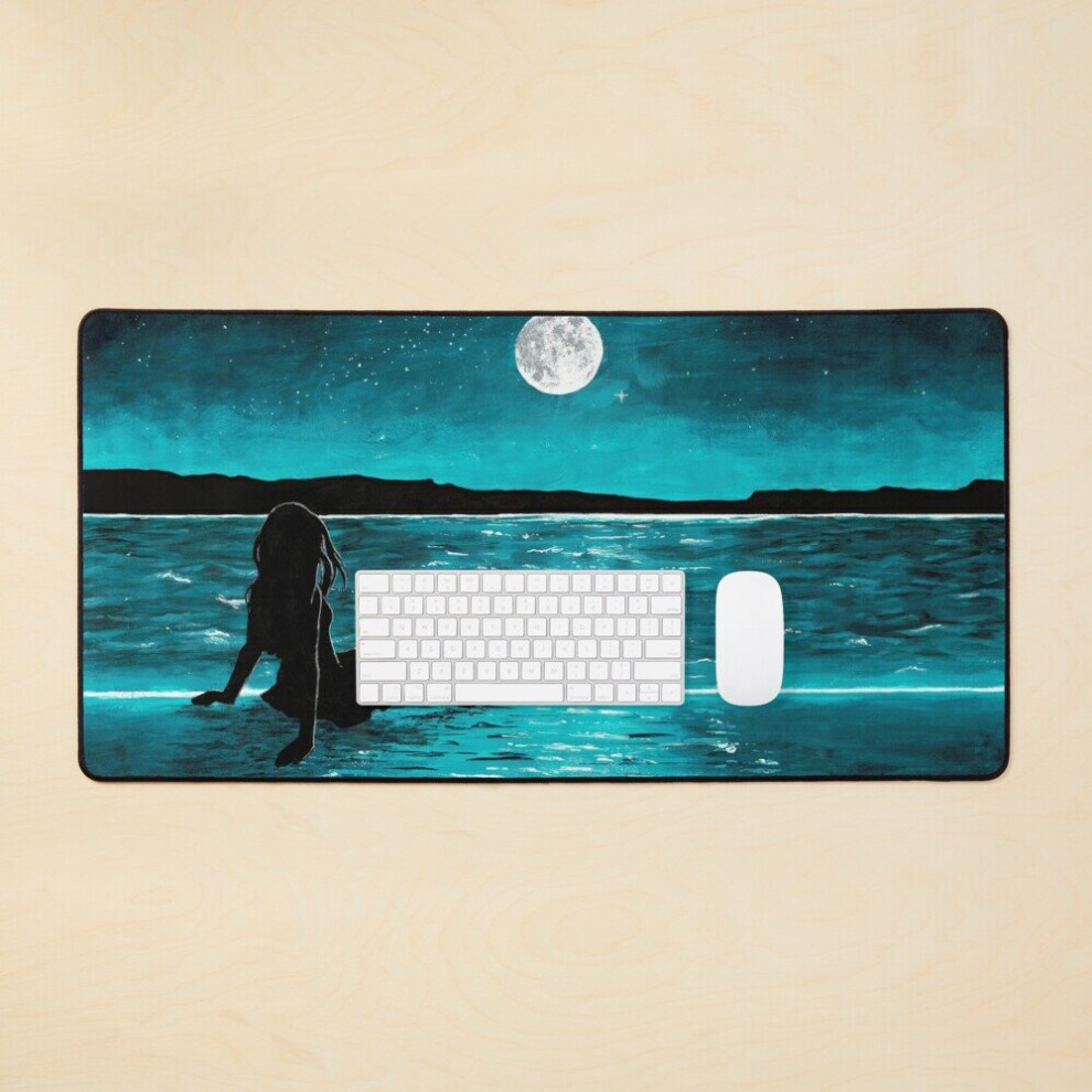 Desk Mat Teal Ocean Silhouette Girl Relaxing Large Gaming Mouse Pad 35X16 Inch 7802738397208
