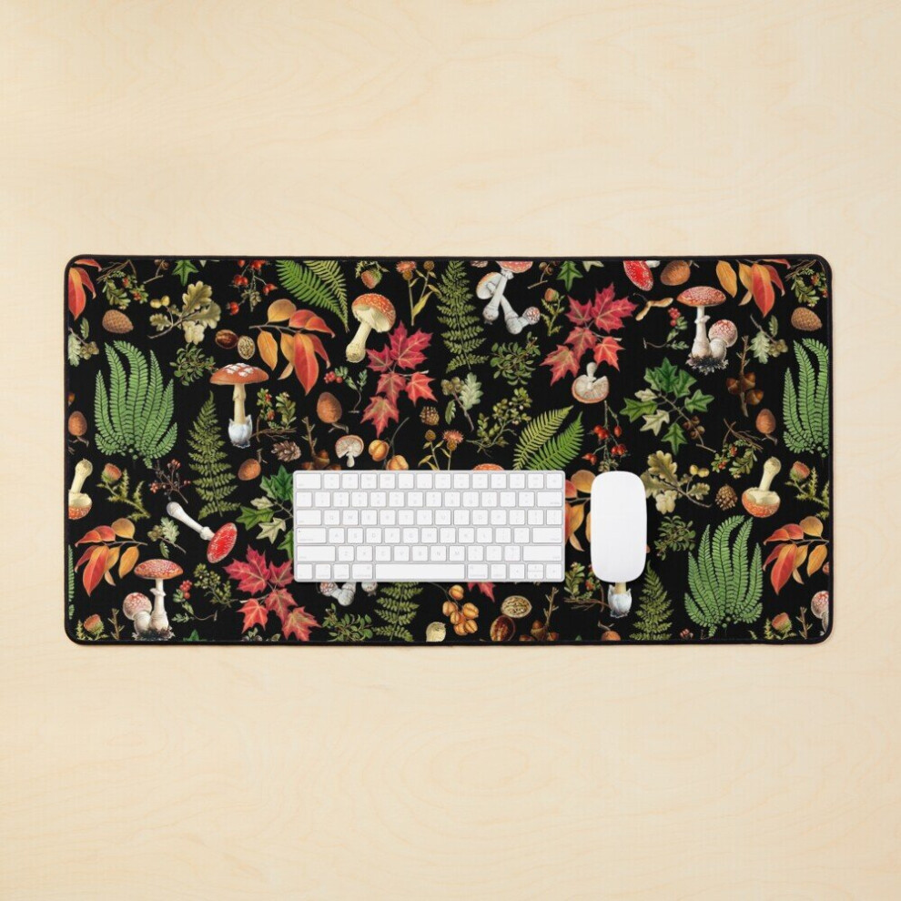 Desk Mat Vintage Mushrooms In Forest Botanical Pattern - Large Gaming Mouse Pad 35X16 Inch Black 7802738339376
