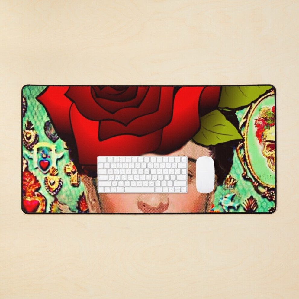 Desk Mat Frida With Rose Headpiece And Tin Hearts Large Gaming Mouse Pad 35X16 Inch 7802738391060