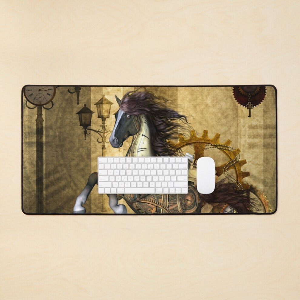 Desk Mat Awesome Steampunk Horse, Clocks And Gears In Colors Large Gaming Mouse Pad 35X16 Inch Golden 7802738321265