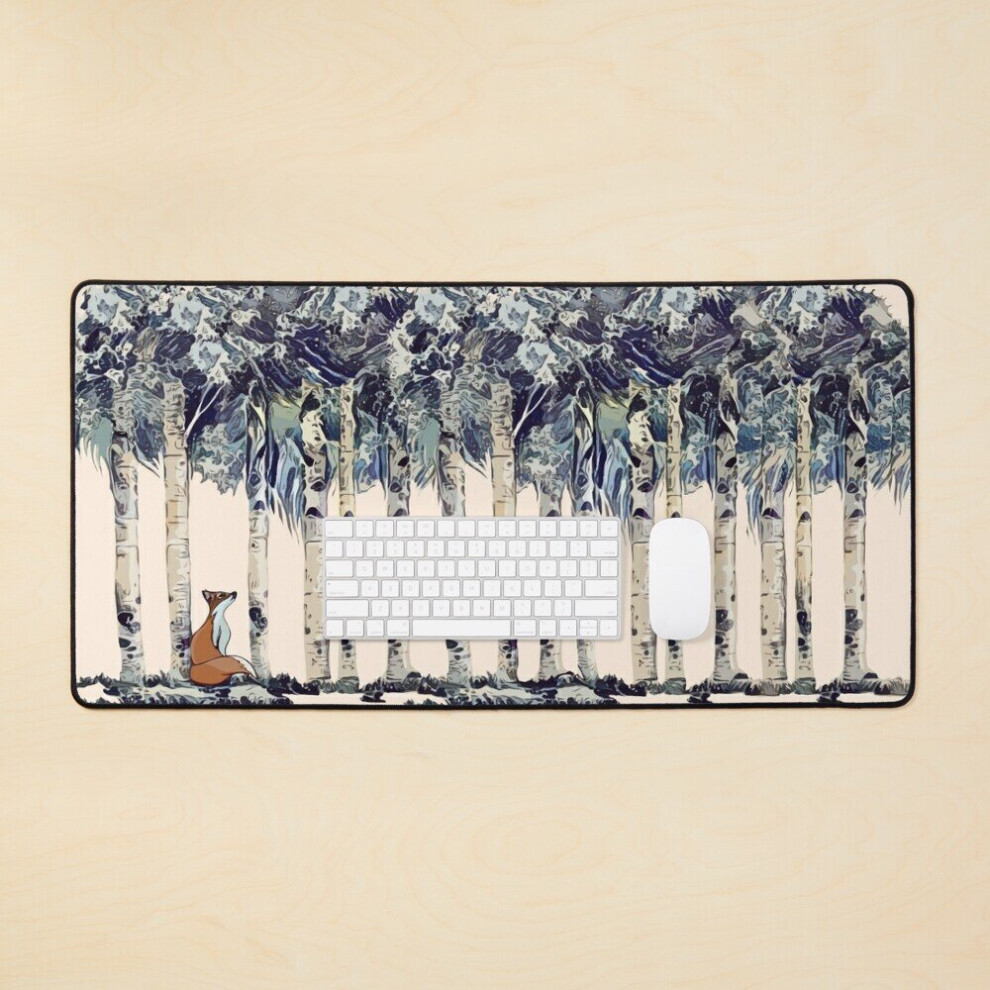 Desk Mat Fox And Birchs, Magic Forest And Animals Watercolor Large Gaming Mouse Pad 35X16 Inch 7802738314328