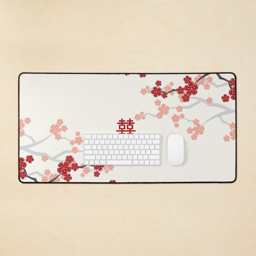 Desk Mat Oriental Cherry Blossoms On And Chinese Wedding Double Happiness Japanese Sakura Fatfatin Large Gaming Mouse Pad 35X16 Inch Red/Ivory 7802738321449