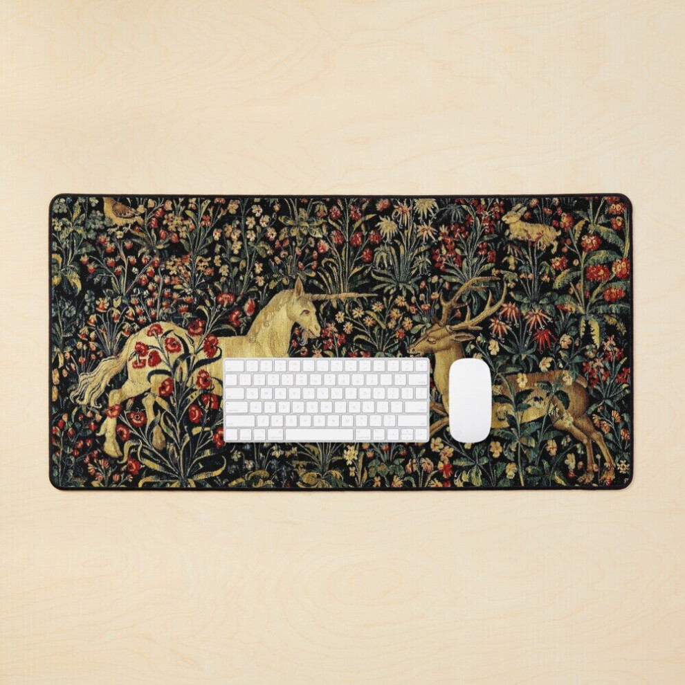 Desk Mat Medieval Unicorn Midnight Floral Tapestry Large Gaming Mouse Pad 35X16 Inch 7802738312119