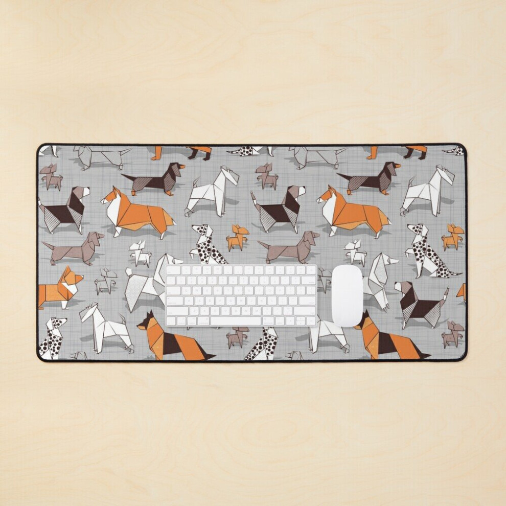 Desk Mat Origami Doggie Friends Linen Texture Large Gaming Mouse Pad 35X16 Inch Grey 7802738403558