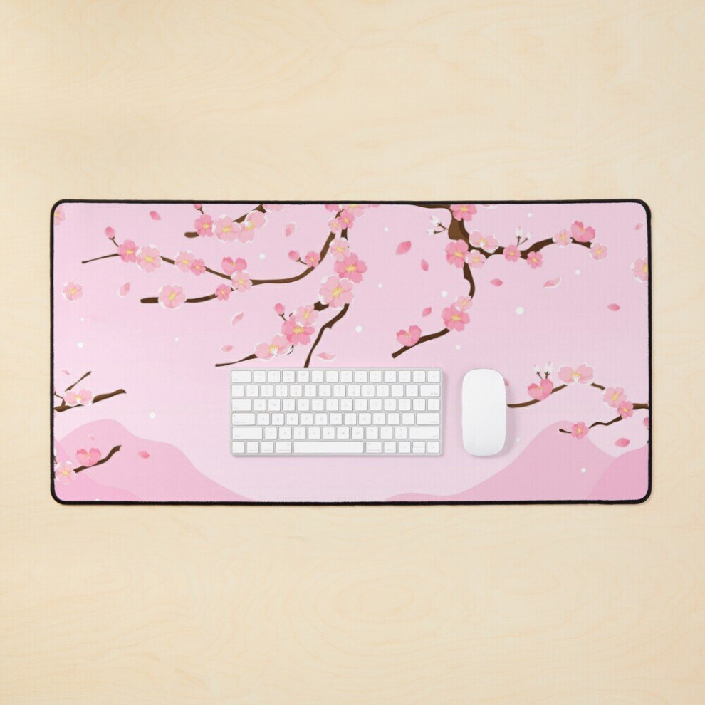 Desk Mat Cherry Blossom, Japanese Sakura Tree Flower Large Gaming Mouse Pad 35X16 Inch Pink 7802738319095
