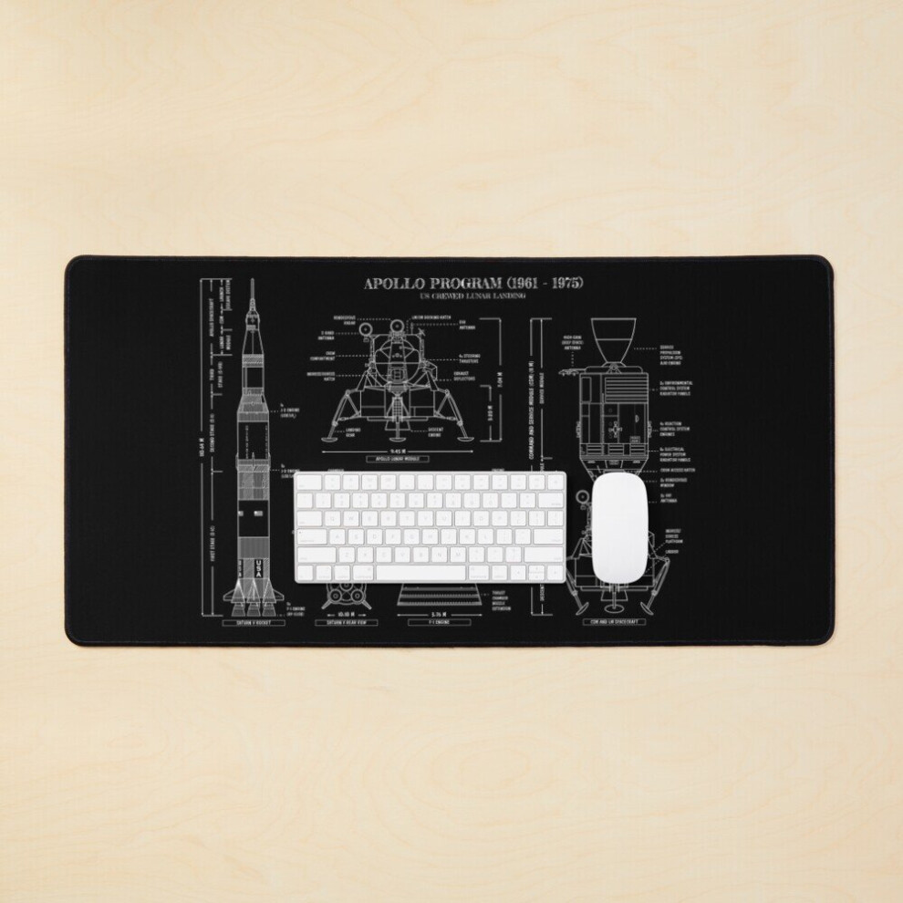 Desk Mat Apollo Program (1961 - 1975) Stencil- Large Gaming Mouse Pad 35X16 Inch White 7802738311204