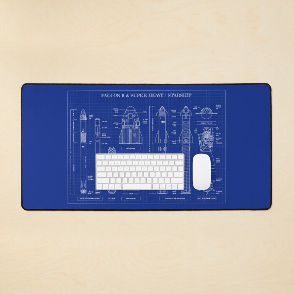 Desk Mat Spacex: Falcon 9 Super Heavy / Starship (Blueprint) Large Gaming Mouse Pad 35X16 Inch 7802738344844