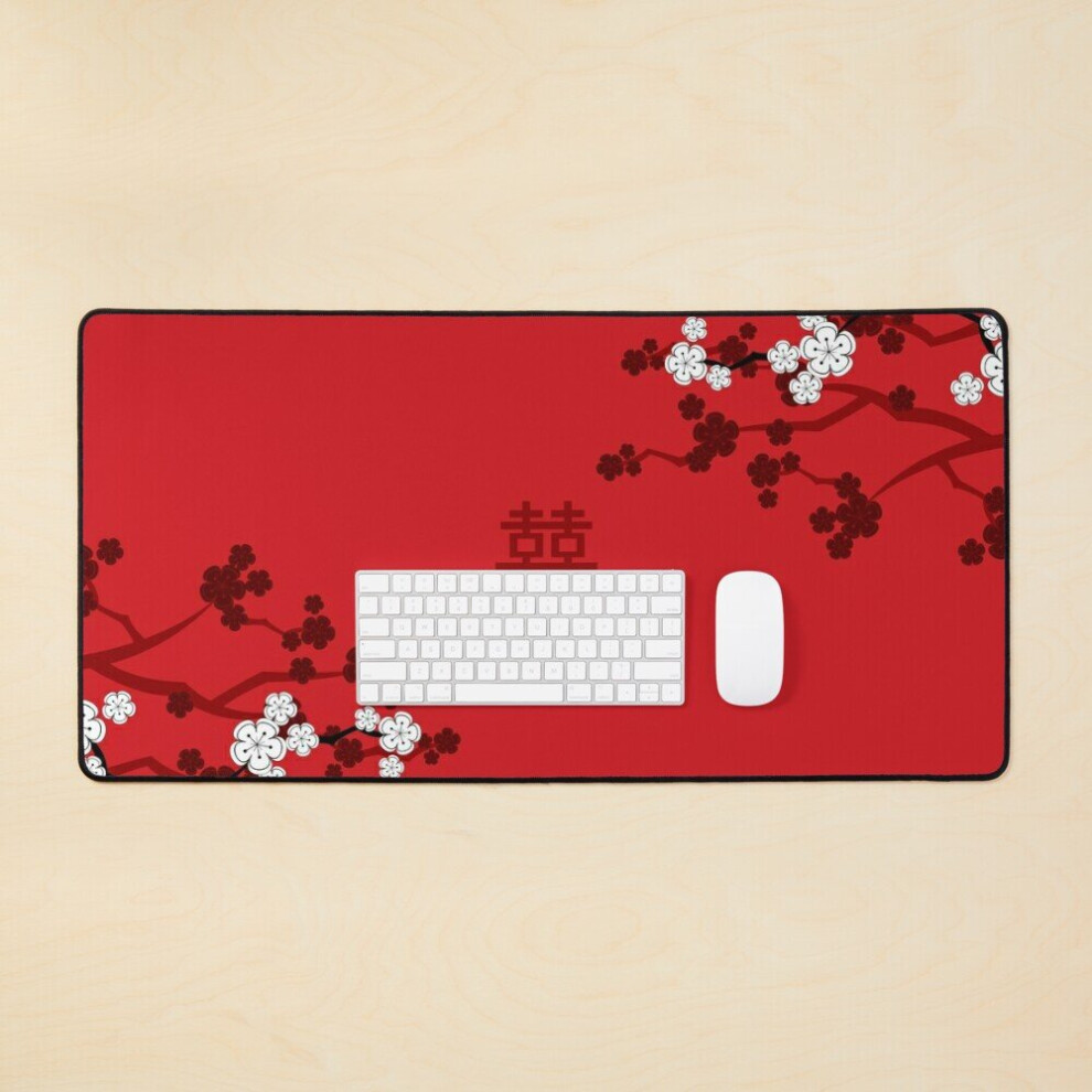 Desk Mat Oriental Cherry Blossoms On And Chinese Wedding Double Happiness Japanese Sakura Fatfatin Large Gaming Mouse Pad 35X16 Inch White/Red 7802738326581