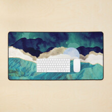 BearLad Teal Mountains Desk Mat - Large 35.5 x 16 in Extended Gaming Mouse Pad with Non-Slip Rubber Base & Stitched Edges