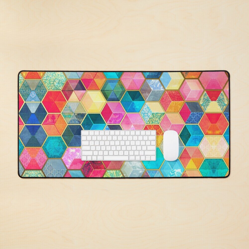 Desk Mat Crystal Bohemian Honeycomb Cubes - Colorful Hexagon Pattern Large Gaming Mouse Pad 35X16 Inch 7802738326499
