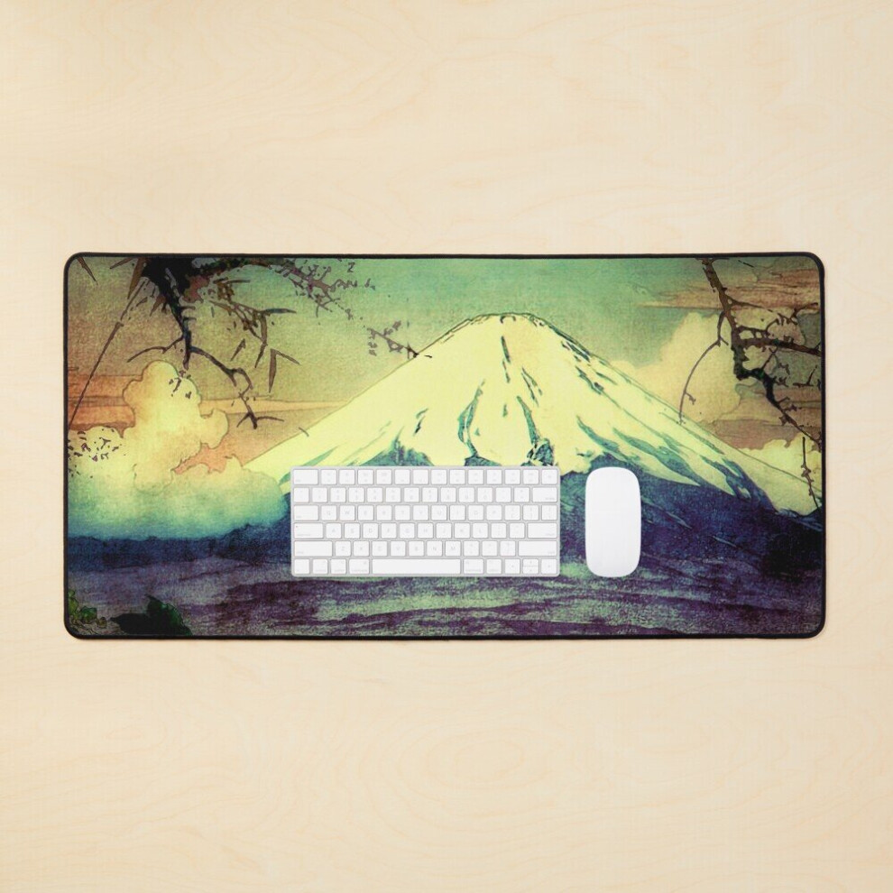 Desk Mat In Hama We Prayed To The Mountain Spirit - Winter Tree Mountain Ukiyoe Nature Landscape In Large Gaming Mouse Pad 35X16 Inch Green/Blue 7802738328806