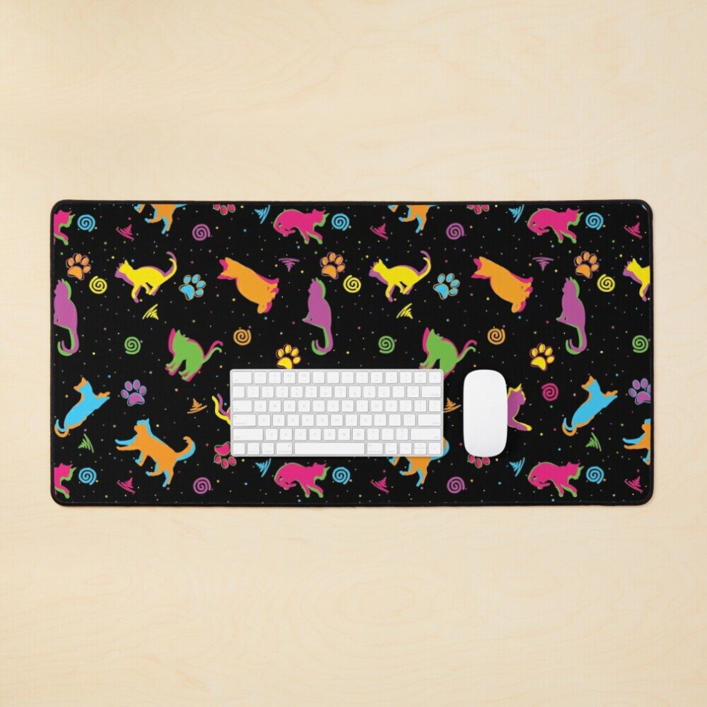 Desk Mat Neon Cats Arcade Carpet Seamless Pattern Large Gaming Mouse Pad 35X16 Inch 7802738378511