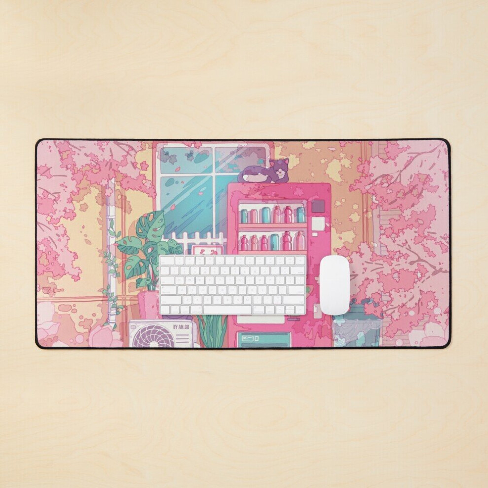 Desk Mat The Stray Cats, Wending Machine And Cherry Blossom Large Gaming Mouse Pad 35X16 Inch Pink 7802738311037