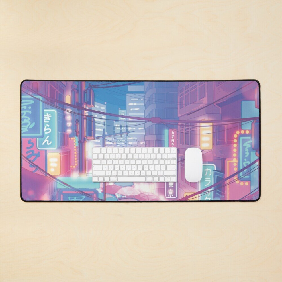 Desk Mat The Neon Tokyo Streets (Soft Pastel Colors) Large Gaming Mouse Pad 35X16 Inch 7802738311976