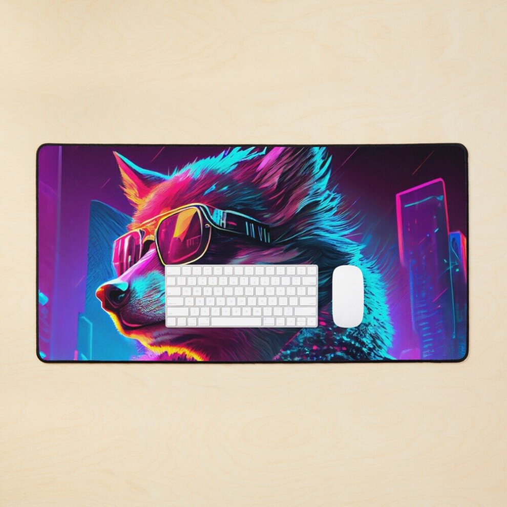 Desk Mat Futuristic Fury - Cyberpunk Wolf In Night City Large Gaming Mouse Pad 35X16 Inch 7802738336412