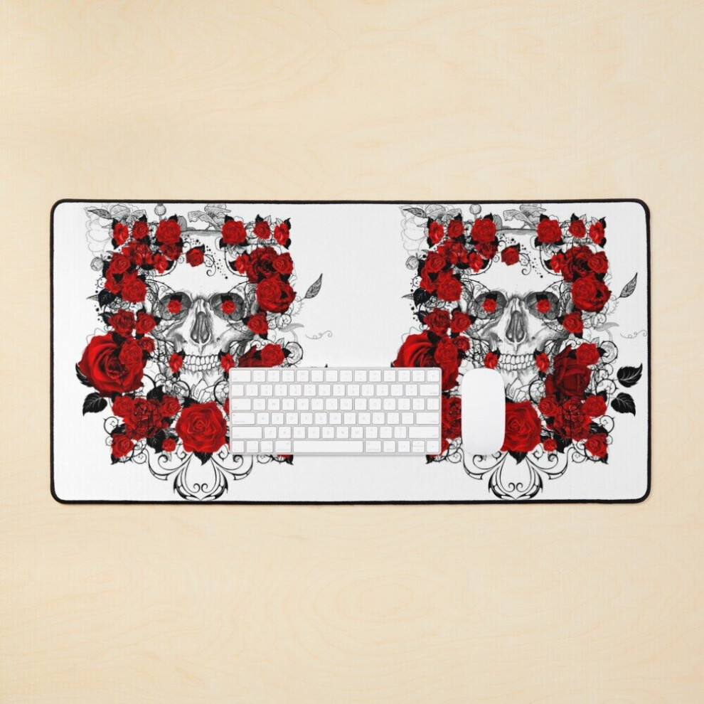 Desk Mat Skull With Roses Tattoo Large Gaming Mouse Pad 35X16 Inch Red 7802738394870