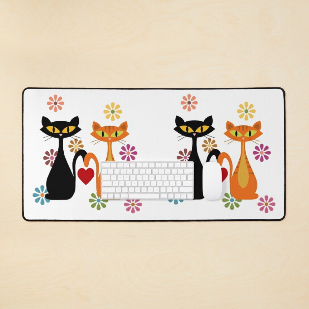 Desk Mat Mid Century And Cats In Love Large Gaming Mouse Pad 35X16 Inch Orange/Black 7802738343267