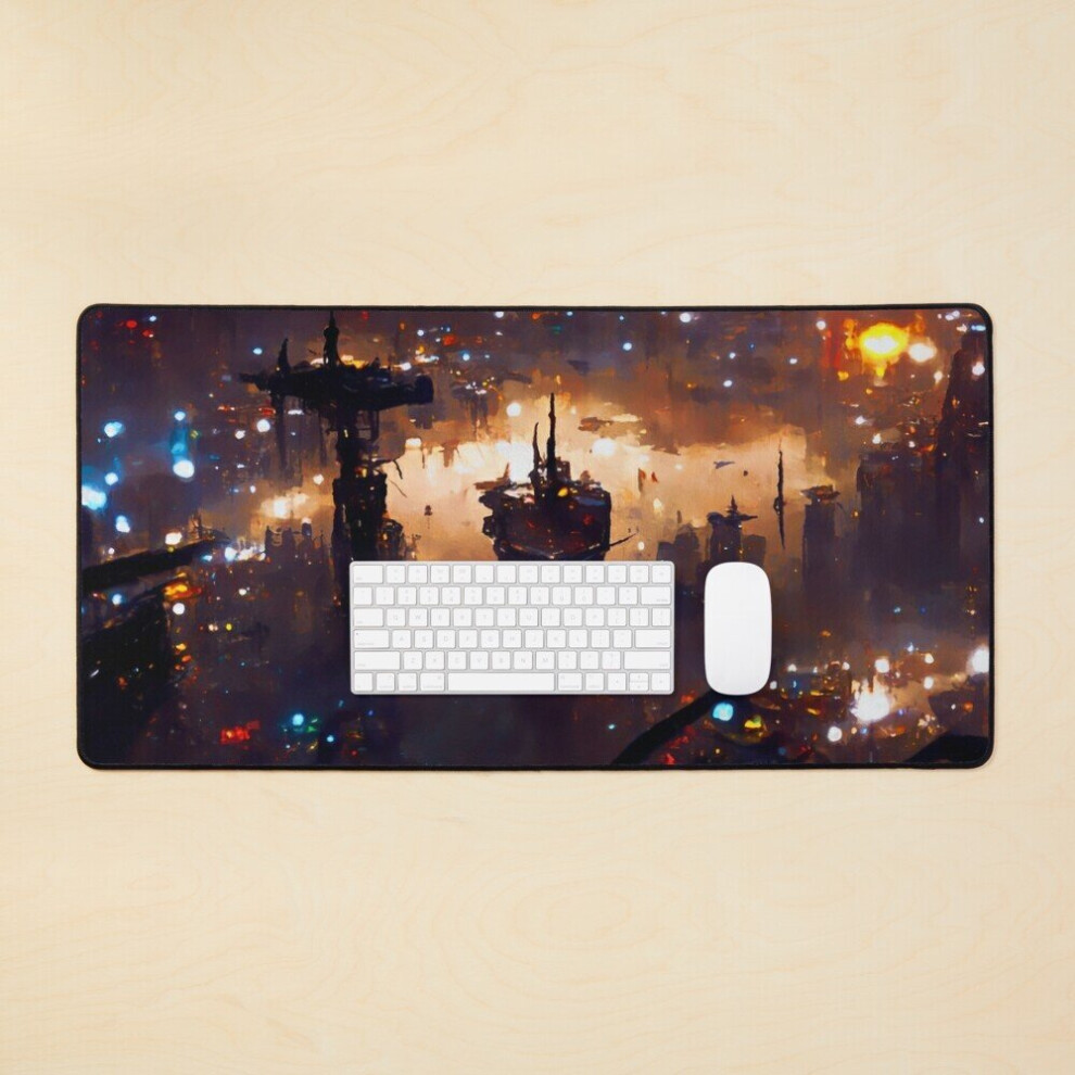 Desk Mat Postcards From The Future - Cyberpunk Cityscape Large Gaming Mouse Pad 35X16 Inch 7802738355338