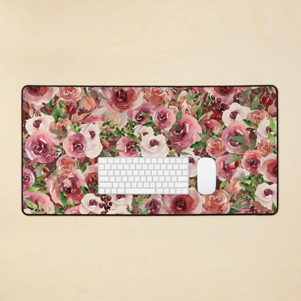 Desk Mat Roses, Watercolor Roses Large Gaming Mouse Pad 35X16 Inch 7802738349603