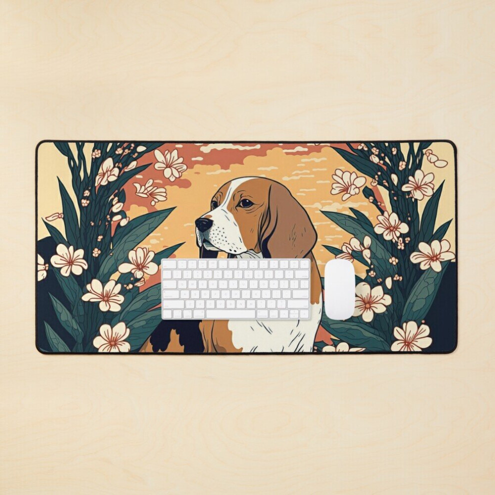 Desk Mat Ukiyo-E Beagle Dog With Flowers 2 Large Gaming Mouse Pad 35X16 Inch 7802738357981